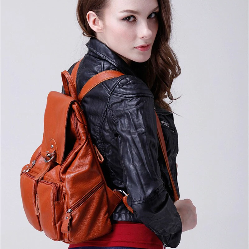 Casual Fashion Cute Women's Brown Genuine Leather Zipper Travel Backpa –