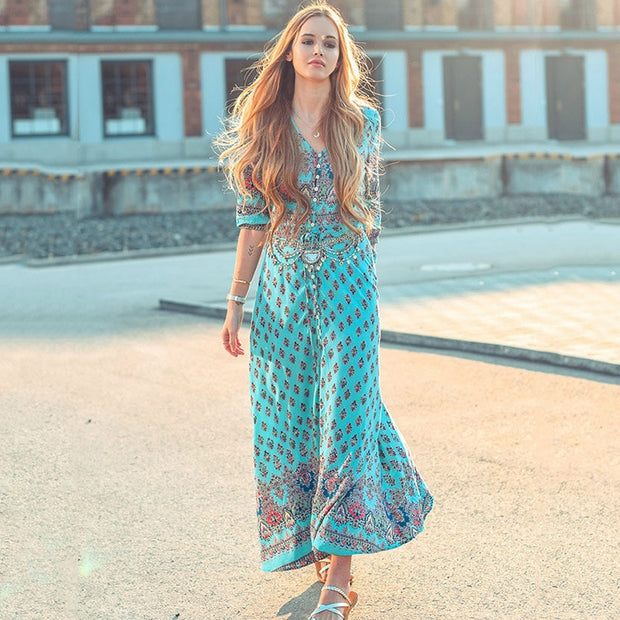 Casual Summer Boho Long Dress for Women with Elegant Print and Sexy V- –