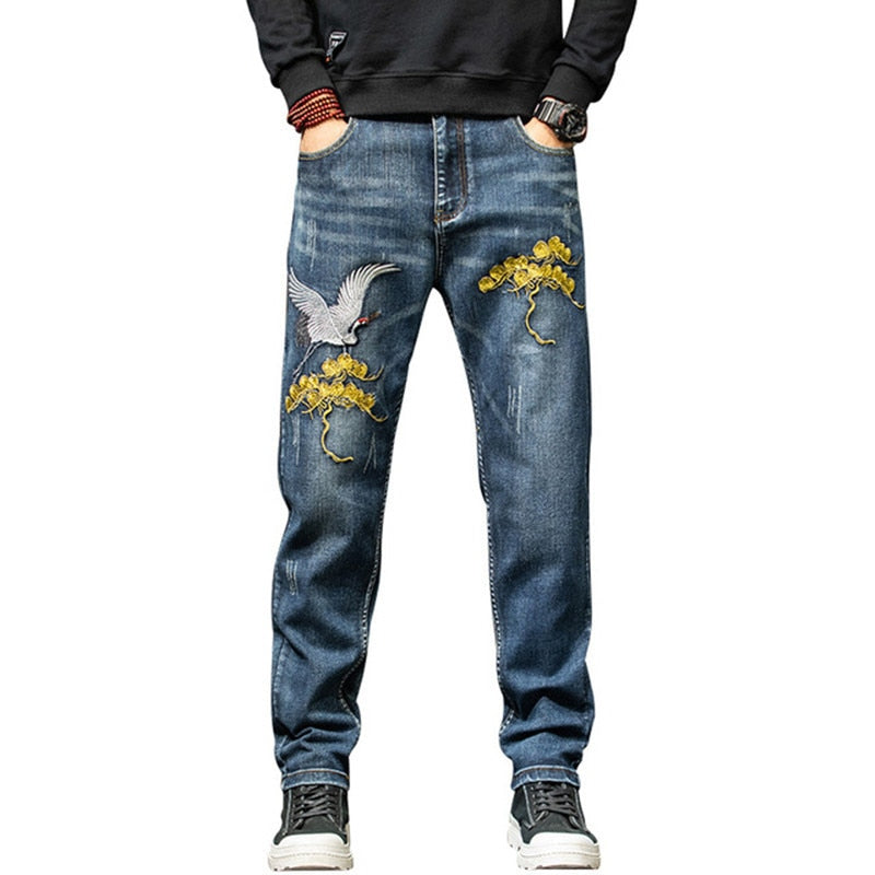 Chinese Style Embroidery Mens Clothing Straight Leisure Denim Jean Plus Size Trousers  -  GeraldBlack.com
