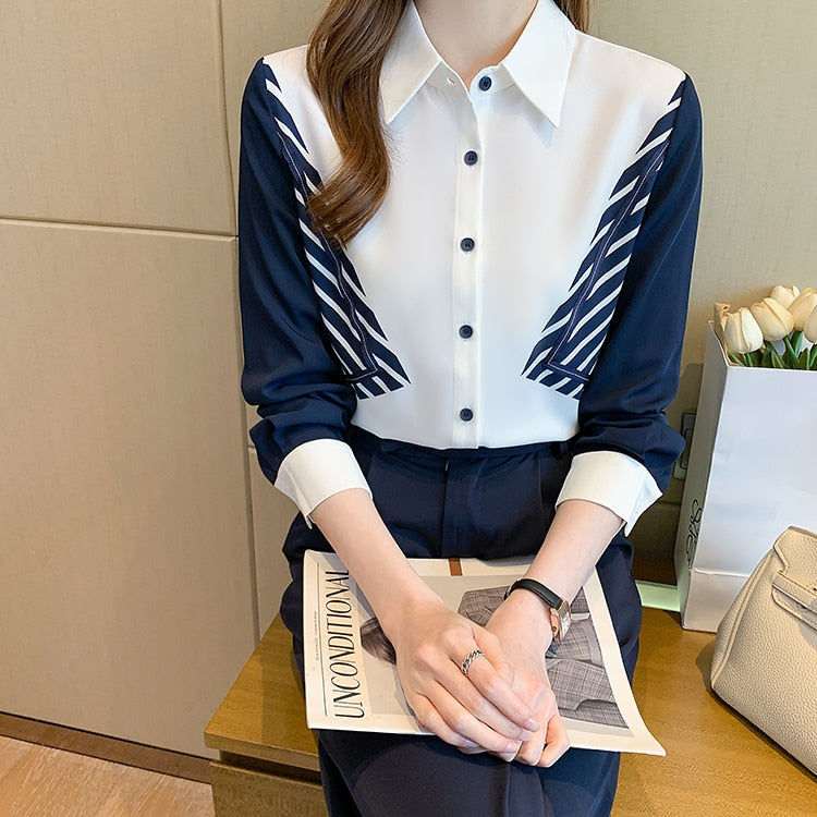 Color Matching Shirt Women's Blouses Vintage Work Casual Tops Chiffon Blouse Long Sleeve Loose Business Shirts  -  GeraldBlack.com