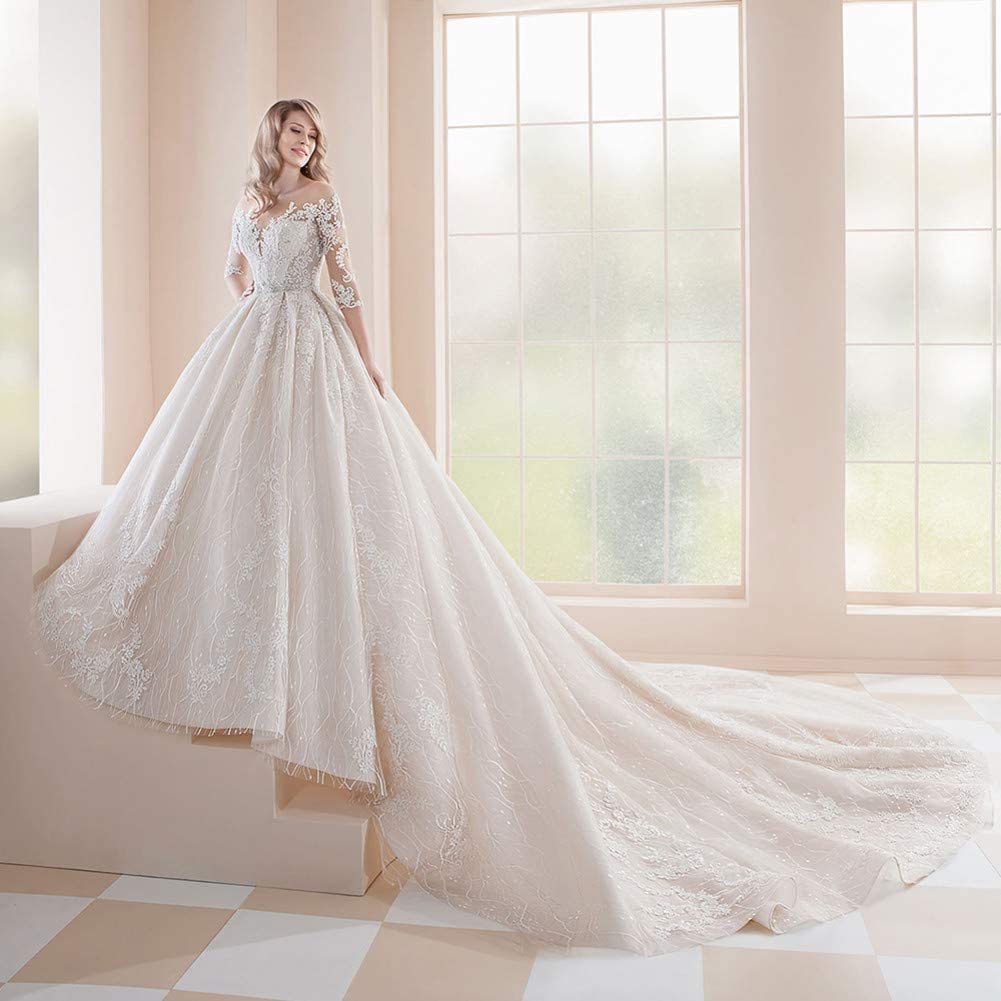 Elegant Scoop-Neck Half Sleeves Lace Wedding Dress for Women  -  GeraldBlack.com