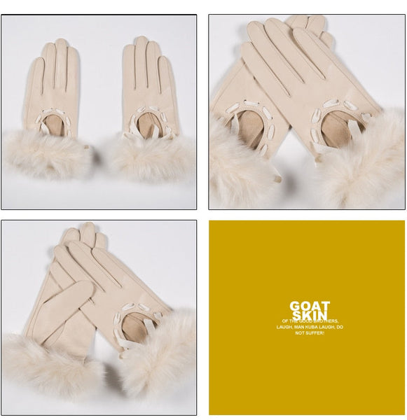 Fall and Winter Women Real Leather Gloves Beige Genuine Goatskin Fur Gloves Unlined Fashion Soft  -  GeraldBlack.com