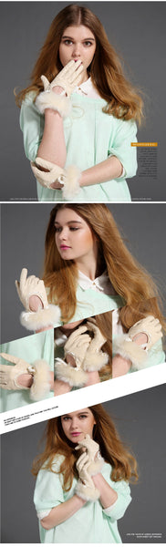 Fall and Winter Women Real Leather Gloves Beige Genuine Goatskin Fur Gloves Unlined Fashion Soft Warm Mittens  -  GeraldBlack.com