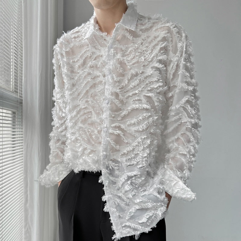 Fall Vintage Lace Dress Shirt Stage Clothing Men See Through Loose Casual Thin Sun Protection Long Sleeve Shirt  -  GeraldBlack.com