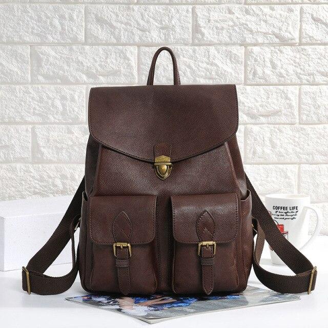 Coffee Black Genuine Leather Women Backpack Female Girl Lady Travel Bag M6019 - SolaceConnect.com