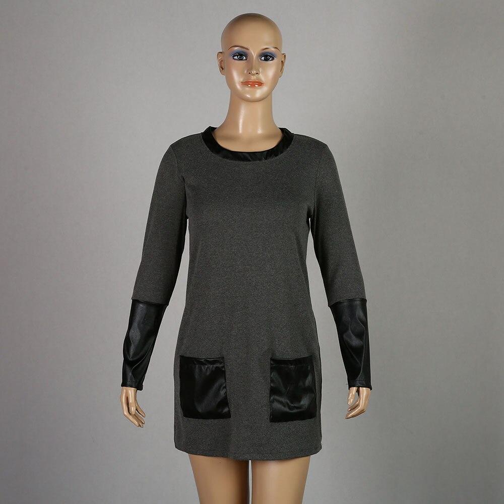 Gray Color Women's Solid Patchwork Long Sleeves Plus Size Pocket Dress  -  GeraldBlack.com