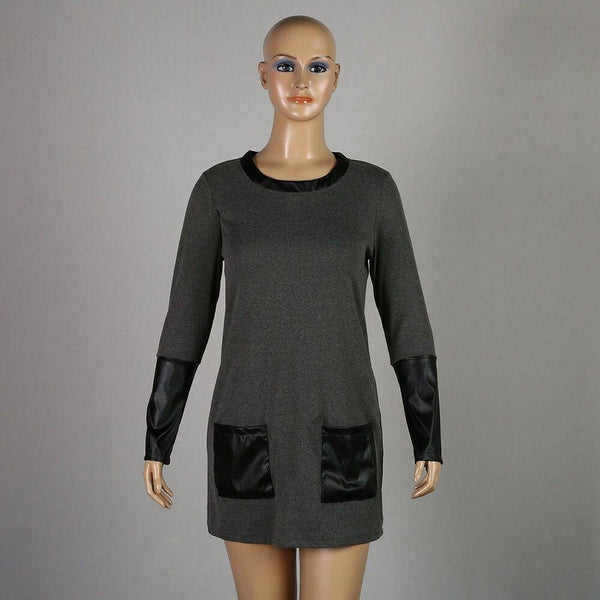 Gray Color Women's Solid Patchwork Long Sleeves Plus Size Pocket Dress  -  GeraldBlack.com