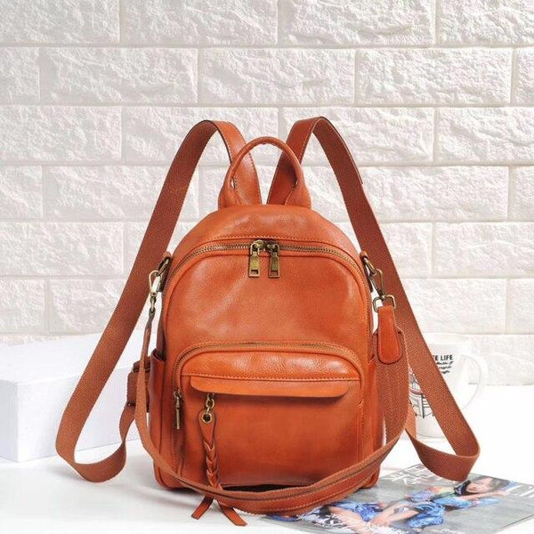 Highend Coffee Yellow Orange Black Genuine Leather Women's Backpack Cowhide Girl Female Shoulder - SolaceConnect.com