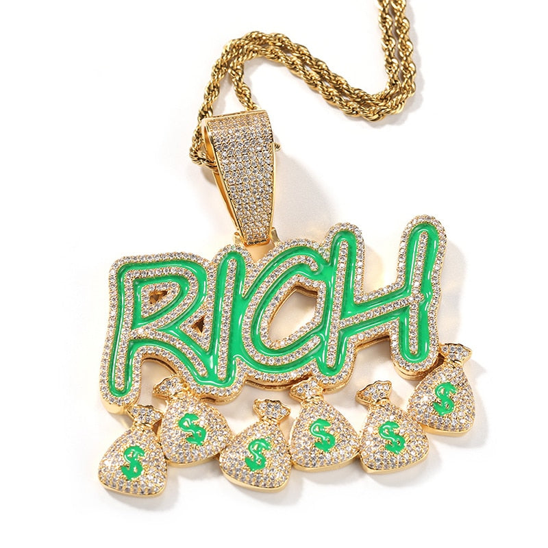 Hip Hop 3A+ CZ Stone Bling Iced Out Dollars Sign Money Bag Rich Pendants Necklaces for Men Rapper Jewelry Gold Silver Color Gift  -  GeraldBlack.com