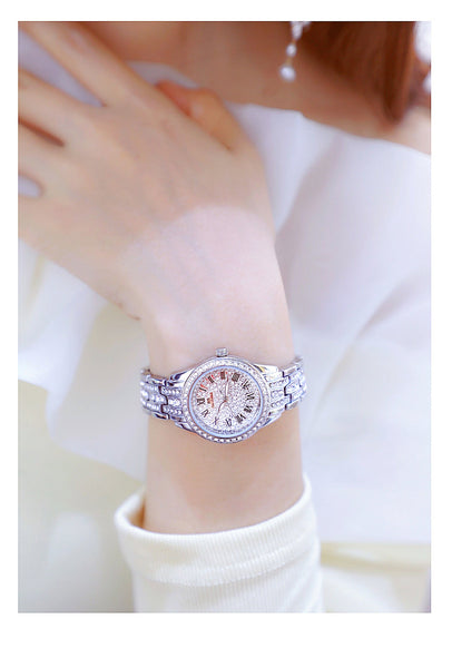 Hip Hop Luxury Women's Small Diamond Decor Silver Bracelet Wristwatch  -  GeraldBlack.com