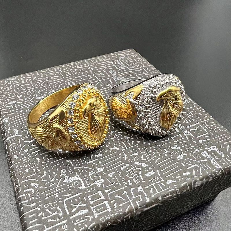 HIP Hop Rhinestone Paved Bling Iced Out Gold Stainless Steel Raptor Eagle Round Rings for Men Rapper Jewelry Gift  -  GeraldBlack.com