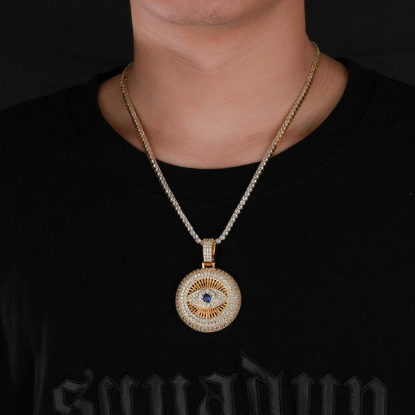 Hip Hop Unisex 5A CZ Stone Paved Bling Iced Out Evil Eye Round Pendants NecklaceRapper Jewelry Gift  -  GeraldBlack.com