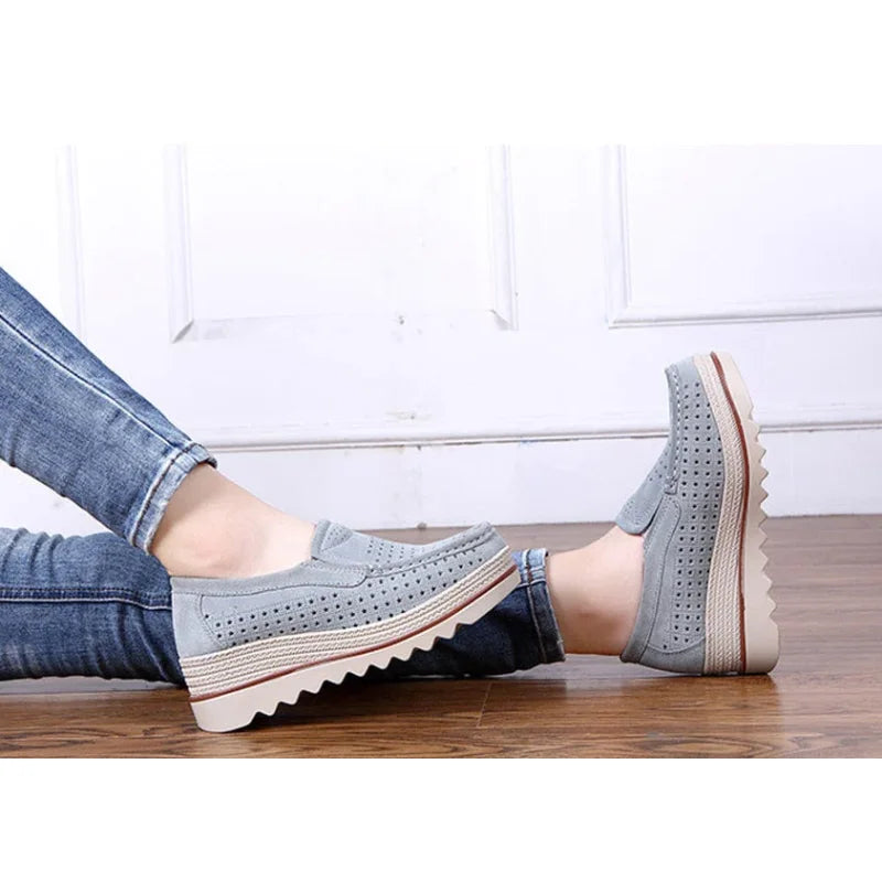 Hollow Gray Spring Autumn Moccasins Woman Flats Genuine Leather Slip-on Casual Lady Round Toe Cow Suede  -  GeraldBlack.com