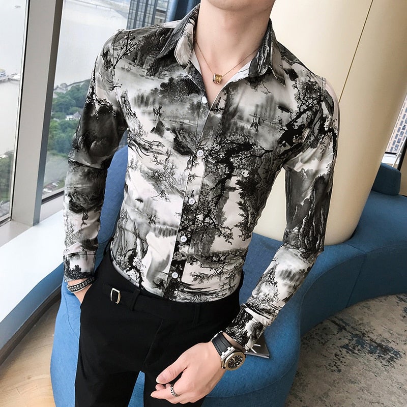 Korean Slim Fit Printed Casual Long Sleeve Night Club Dress Shirt for GeraldBlack.com Korean Slim Fit Printed Casual Long Sleeve Night Club Dress Shirt for GeraldBlack.com