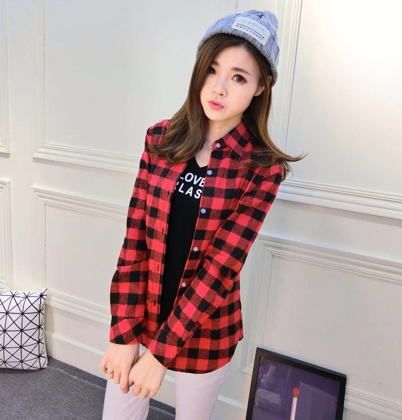 Long Sleeved XL Turn Down Collar Women’s Plaid Pattern Shirt for Autumn on Clearance  -  GeraldBlack.com