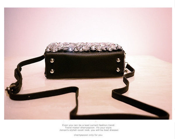 Luxury Diamonds Women Rhinestone Shoulder Chain Black Genuine Leather Messenger Crossbody Handbag  -  GeraldBlack.com