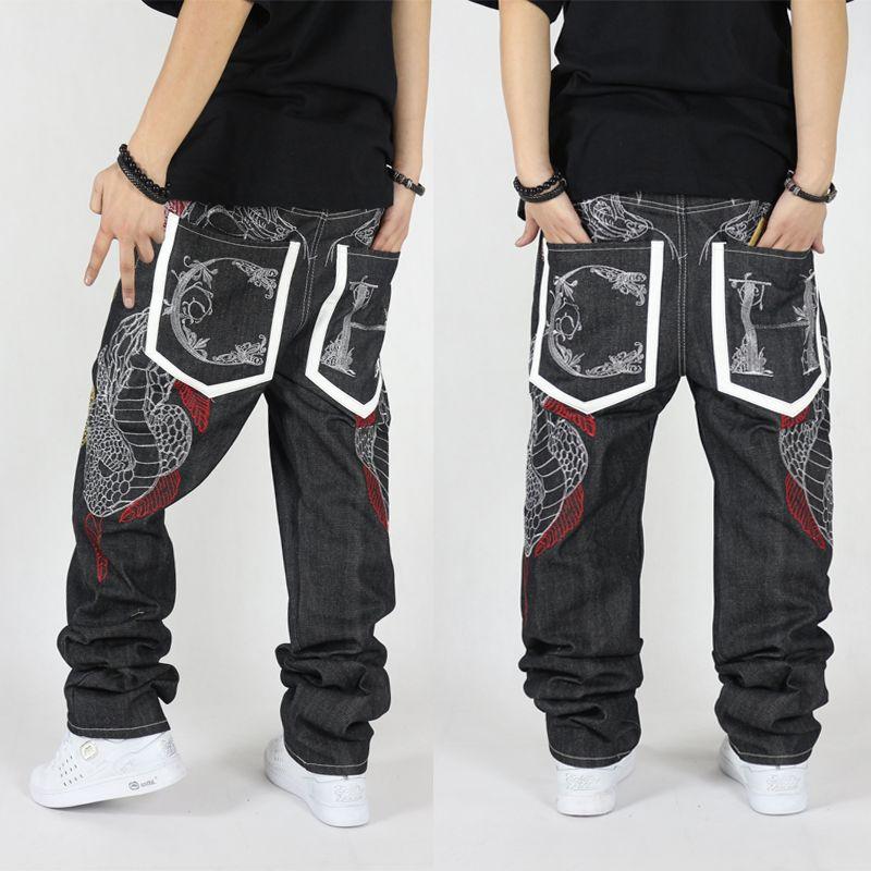 Male Plus Size Hip Hop Jeans Loose Denim Pants with Snake Embroidery  -  GeraldBlack.com