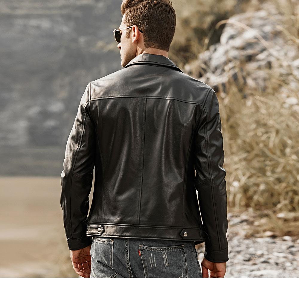 Men's Black Real Lambskin Leather Motorcycle Jacket with Turn-down Collar - SolaceConnect.com
