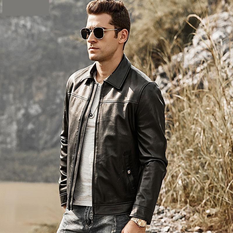 Men's Black Real Lambskin Leather Motorcycle Jacket with Turn-down Collar  -  GeraldBlack.com
