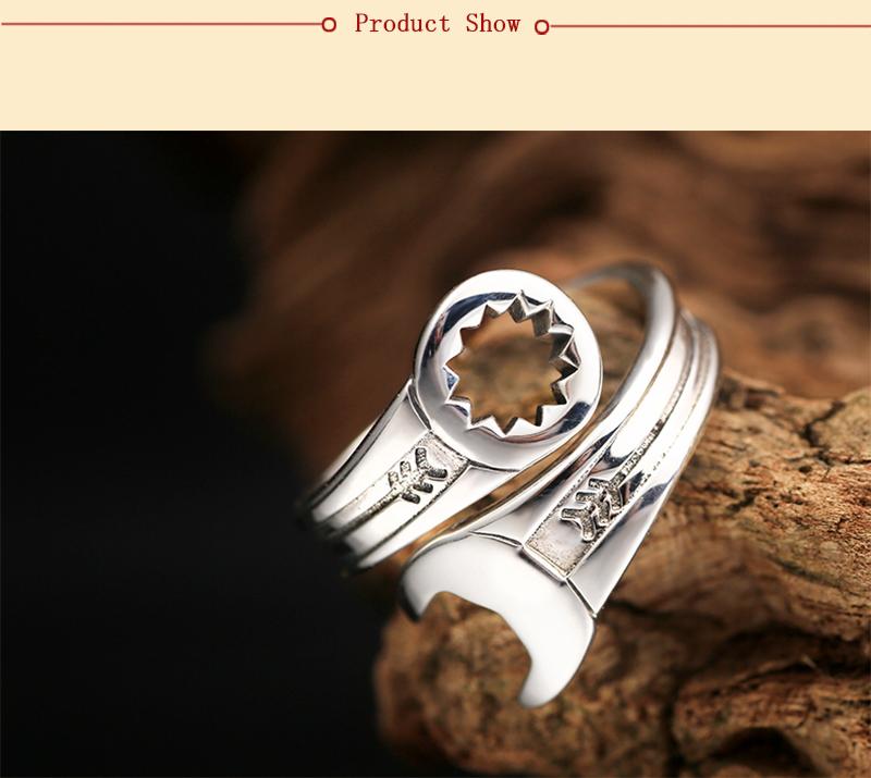 Men's Cool Retro Adjustable Sterling Silver Vintage Punk Wrench Love Ring - SolaceConnect.com