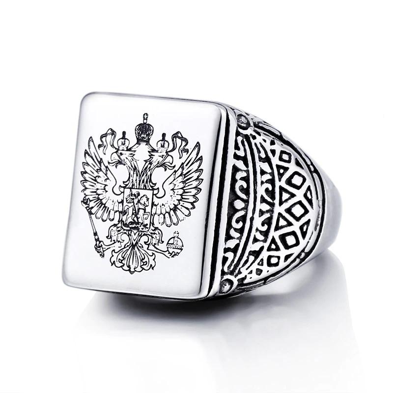 Men's Cool Stainless Steel Eagle Ring with Russian Coat of Arms Design - SolaceConnect.com