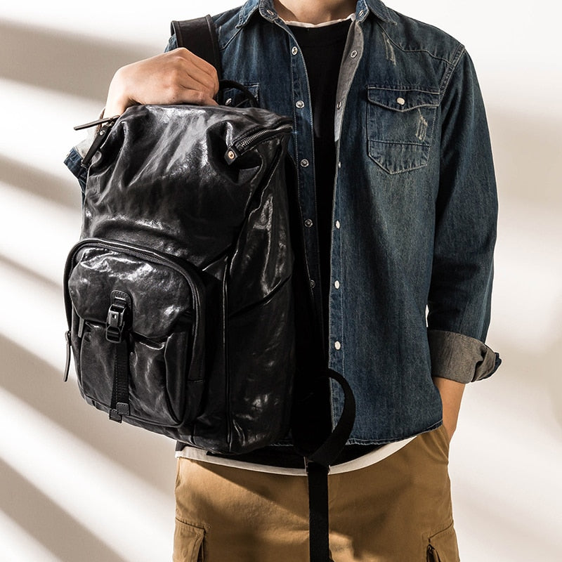 Men's Fashion Genuine Leather Cowhide Large Capacity Travel Backpack  -  GeraldBlack.com