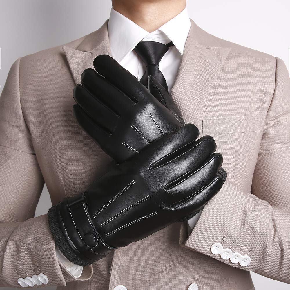 Men's Genuine Leather Winter Gloves Black Real Sheepskin Touch Screen Driving Gloves with Wool Knit Cuff GSM057  -  GeraldBlack.com