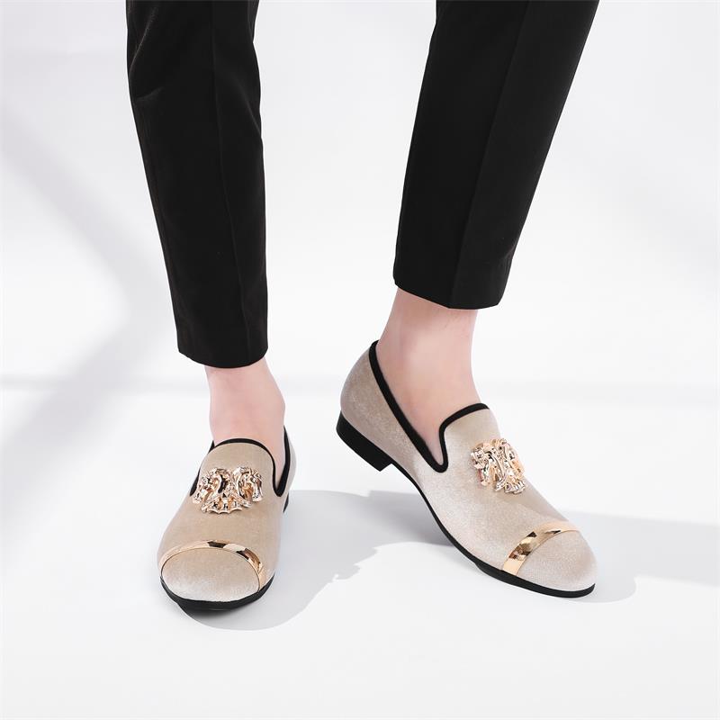 Casual Velvet Solid Pattern Gold Metal Buckle Party Loafers for Men