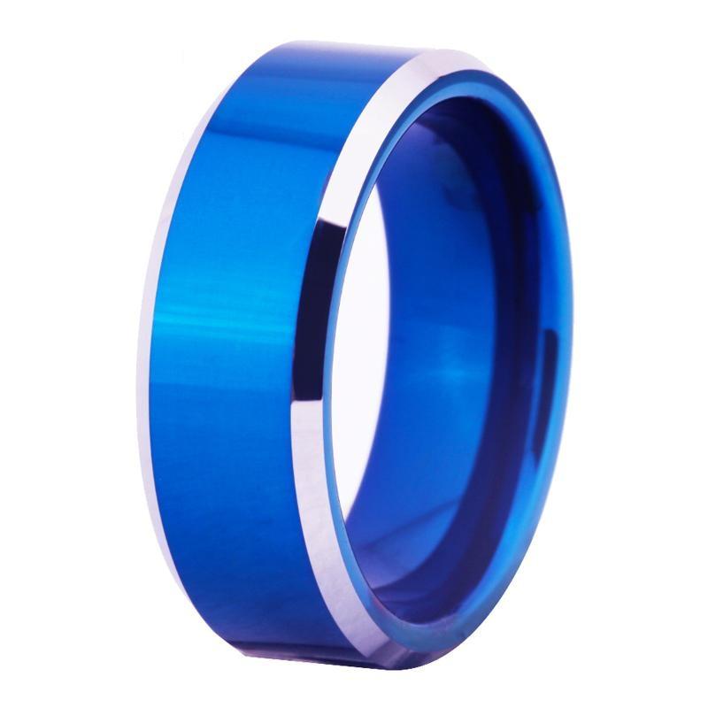 Men's Shiny Blank 8mm Wide Bevel Custom Tungsten Ring with Blue Color  -  GeraldBlack.com