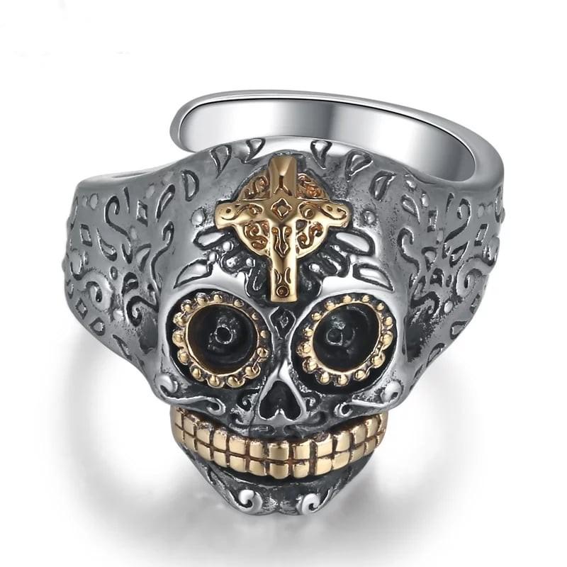 Men’s Vintage 925 Sterling Silver Skull Gothic Punk Gold Color Cross Ring  -  GeraldBlack.com
