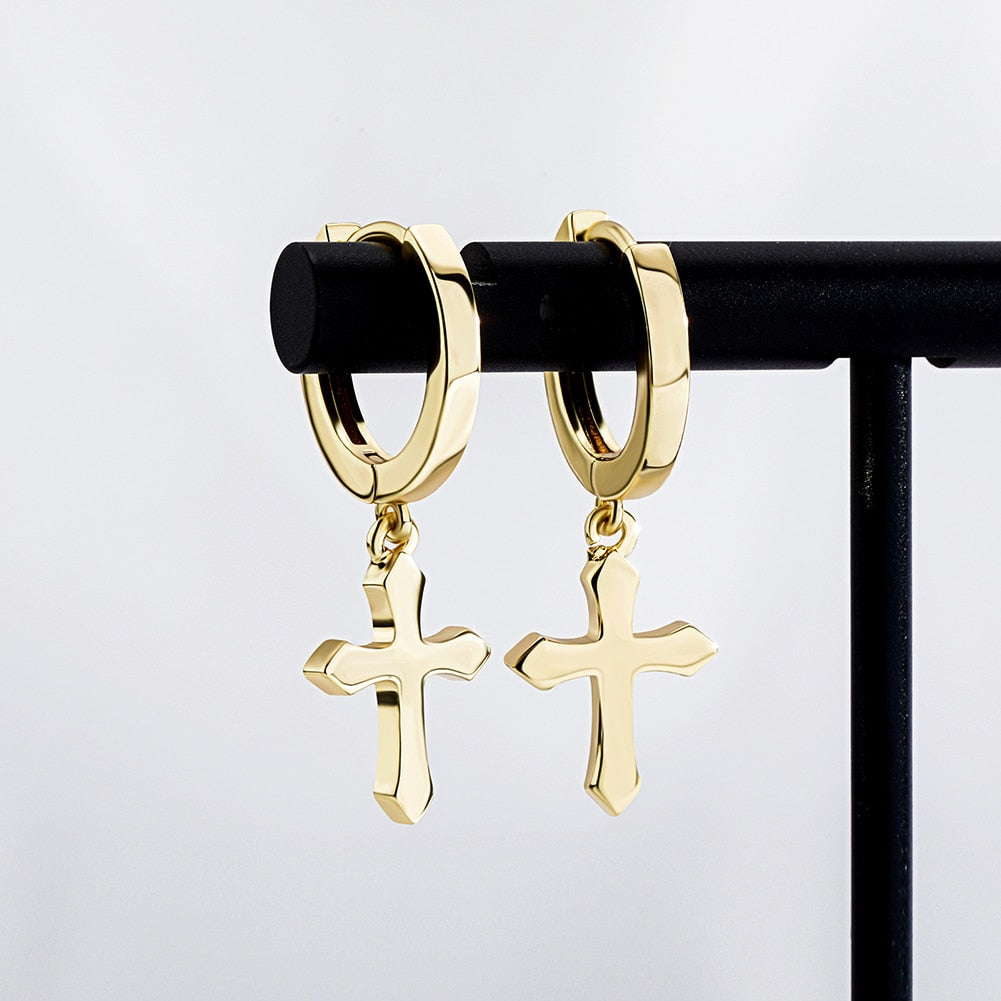 Minimalist Gold Color Stainless Steel Cross Hoop Unisex Dangling Earrings  -  GeraldBlack.com