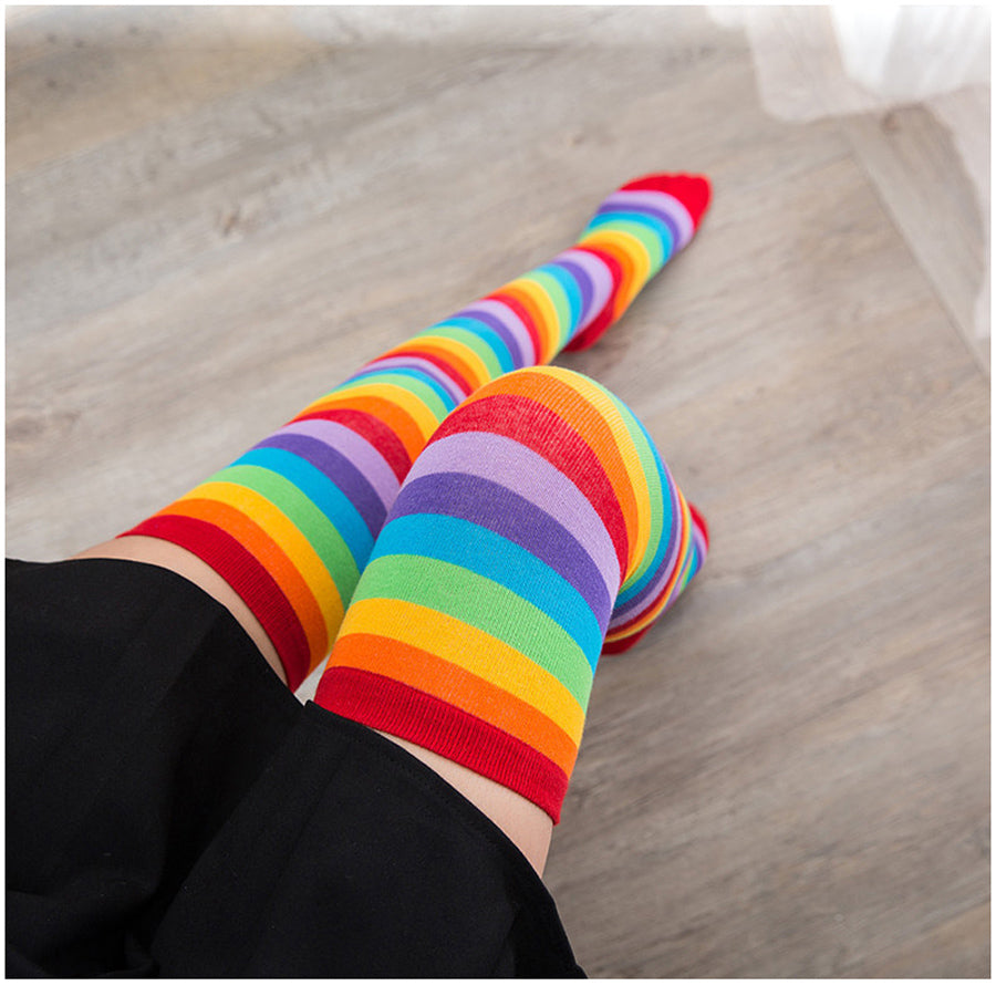 Women's Sexy Cotton Striped Rainbow Thigh High Over Knee Socks