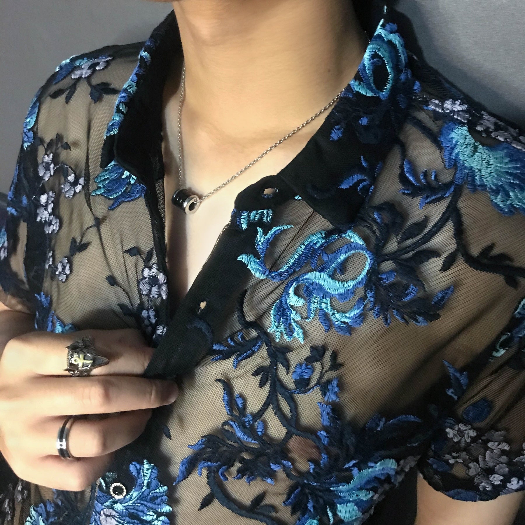 Sexy Transparent Floral Embroidery Stylish Short Sleeve Shirt For Men  -  GeraldBlack.com