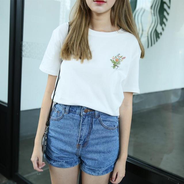Summer Little Flower Embroidered Basic Loose Casual Short Sleeve T-Shirt - SolaceConnect.com