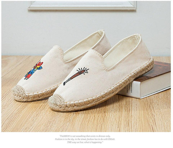 Summer Women Flamingo Embroidery Canvas Vamp Fisherman Shoes Loafers - SolaceConnect.com