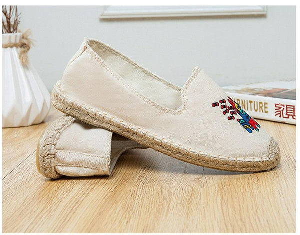 Summer Women Flamingo Embroidery Canvas Vamp Fisherman Shoes Loafers - SolaceConnect.com