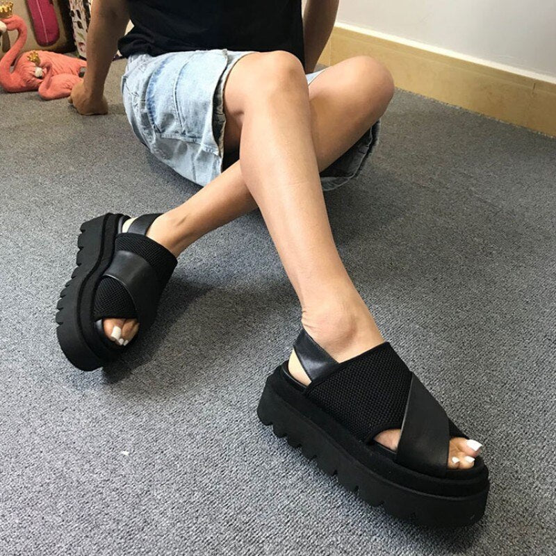 Summer Women Thick Platform Beach Gladiator Mesh Patchwork Genuine Leather Casual Open Toe Wedges Shoes  -  GeraldBlack.com