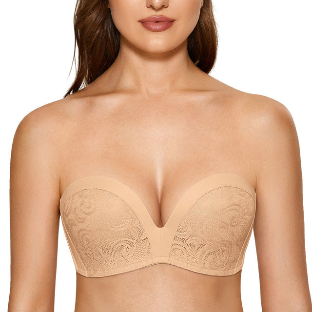 Taupe Lace Slightly Lined Underwire Lift Strapless Bra for Women  -  GeraldBlack.com