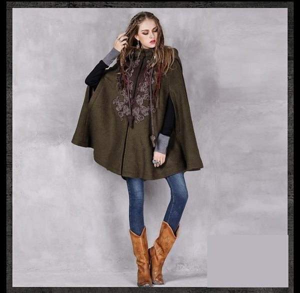 Vintage Spring Woolen Sleeveless Hooded Cloak Loose Tops Coat - SolaceConnect.com