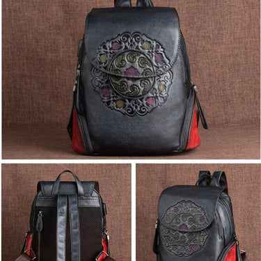 Vintage Genuine Leather Women Backpack With USB Charging Port School Book Bag Retro Lady Female Grey - SolaceConnect.com