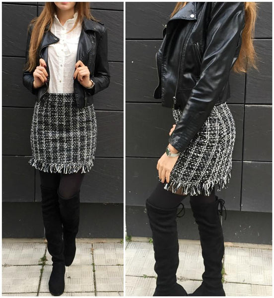 Winter Autumn Woollen Plaid Straight Mini Skirt in Vintage Style for Women - SolaceConnect.com
