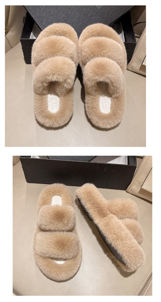 Winter Open Toe Fashion Fur Thick Sole Flats Heel Ladies Casual Slip On Bedroom Shoes Soft Outdoor Slides Shoes  -  GeraldBlack.com
