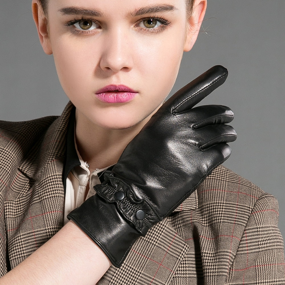 Winter Real Leather Gloves for Women Black Genuine Goatskin Fleece Lining Warm Mittens GSL087  -  GeraldBlack.com