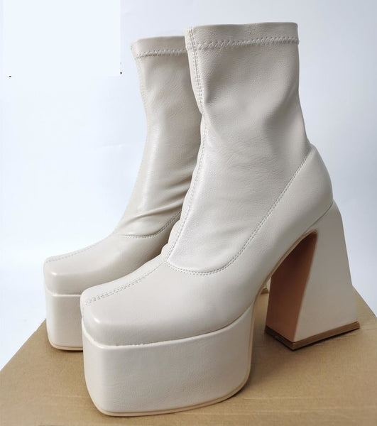 Winter Women High Heeled Boots Mid Calf Platform Shoes Chunky Non Slip Fashion Elegant Shoes  -  GeraldBlack.com