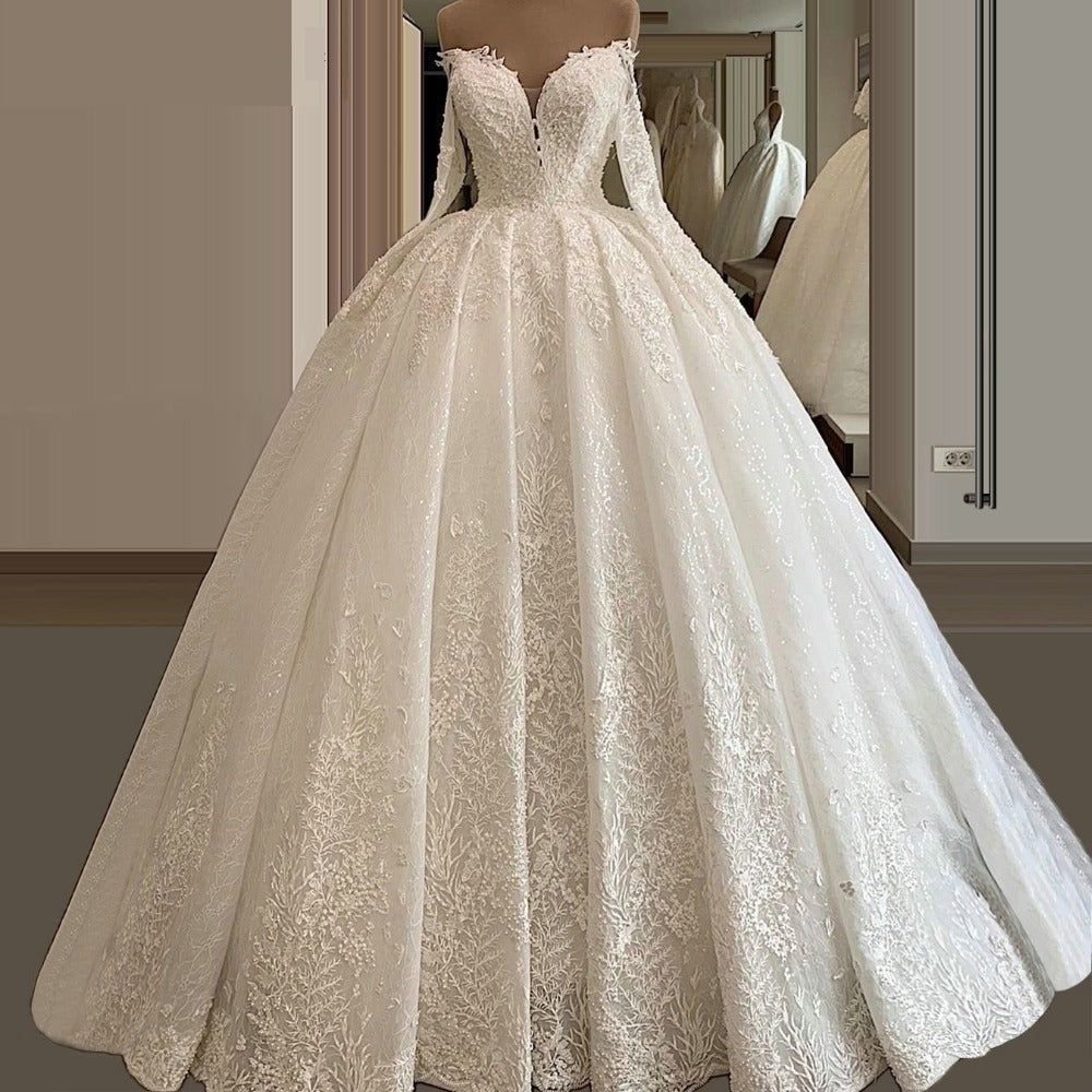 Women's A-line Boat Neck Lace Full Sleeves Floor Length Wedding Dress GeraldBlack.com Women's A-line Boat Neck Lace Full Sleeves Floor Length Wedding Dress GeraldBlack.com
