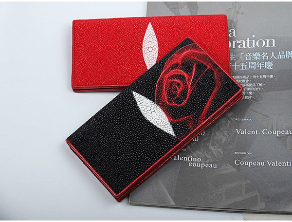 Women's Fashion Red Rose Flower Designer Stingray Skin Long Bifold Wallet  -  GeraldBlack.com
