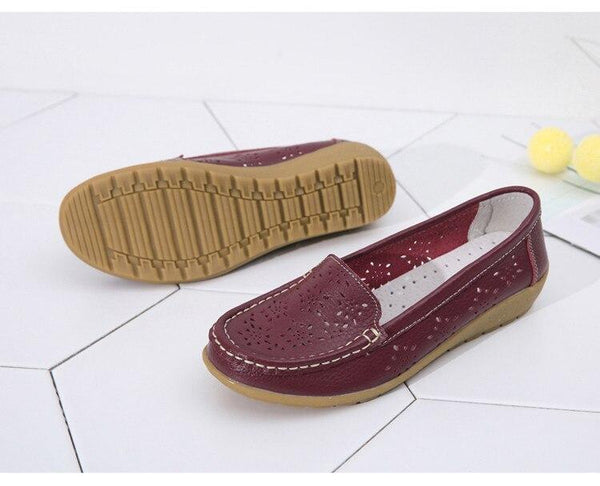 Women's Fretwork Breathable Genuine Leather Hollow Cut-outs Flats Loafers - SolaceConnect.com
