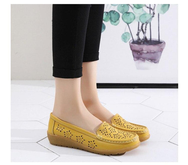 Women's Fretwork Breathable Genuine Leather Hollow Cut-outs Flats Loafers - SolaceConnect.com