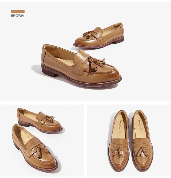 Women's Genuine Leather Pointed Toe Tassels Slip-on Flats Casual Loafers - SolaceConnect.com