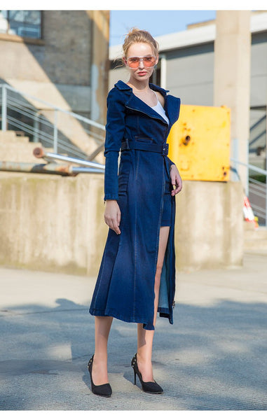 Women's Long Mid-Calf Turn-down Collar Trench Dress with Belt - SolaceConnect.com